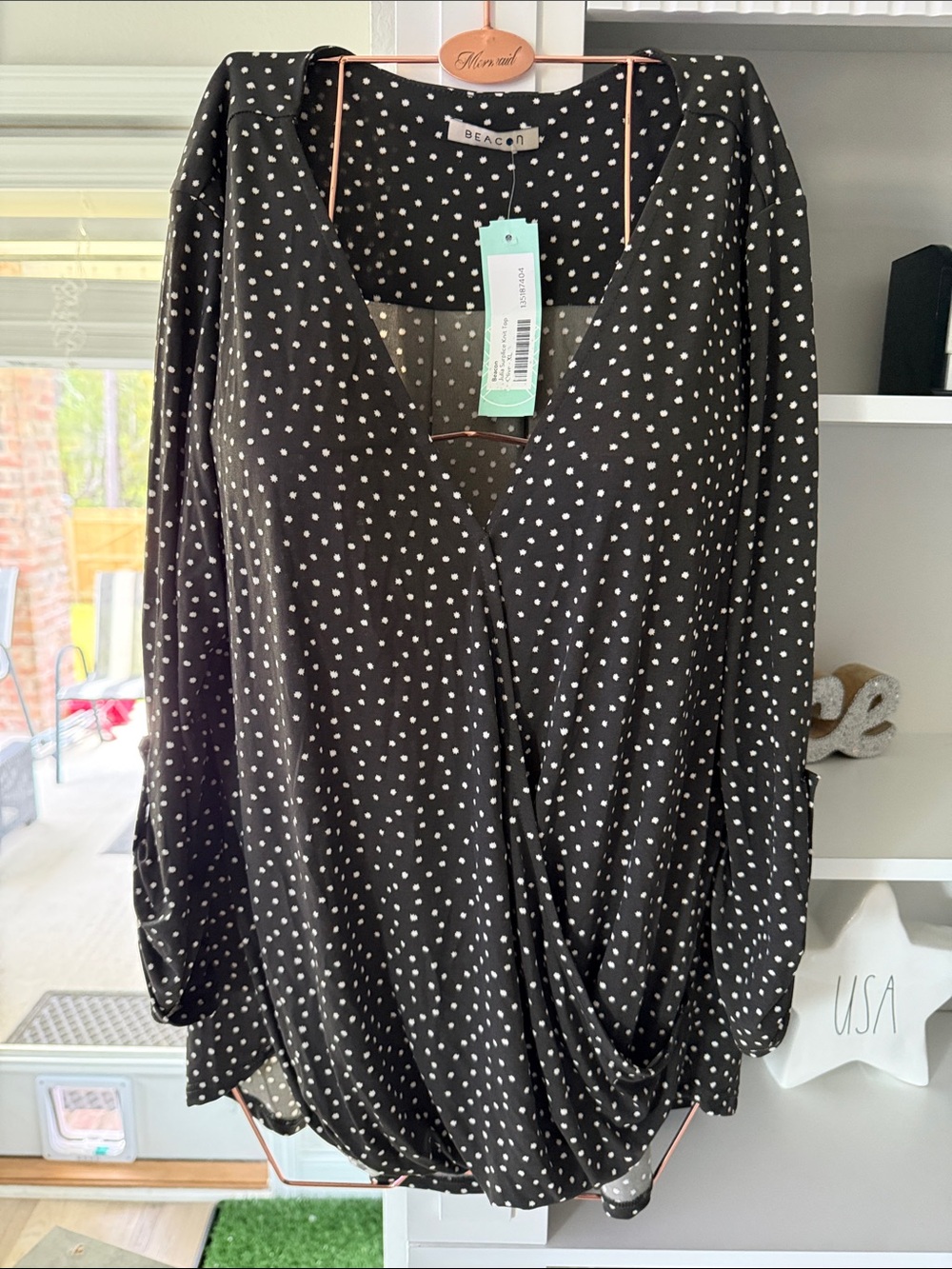 Beacon Black and White Polka Dot Wrap-Front Blouse
